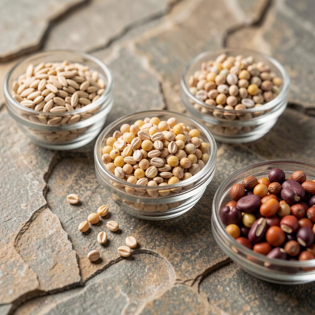 Makroaufnahme verschiedener Getreidekörner, Linsen und Hülsenfrüchte in kleinen Glasschalen auf einem strukturierten Stein-Untergrund, wissenschaftlicher Charakter