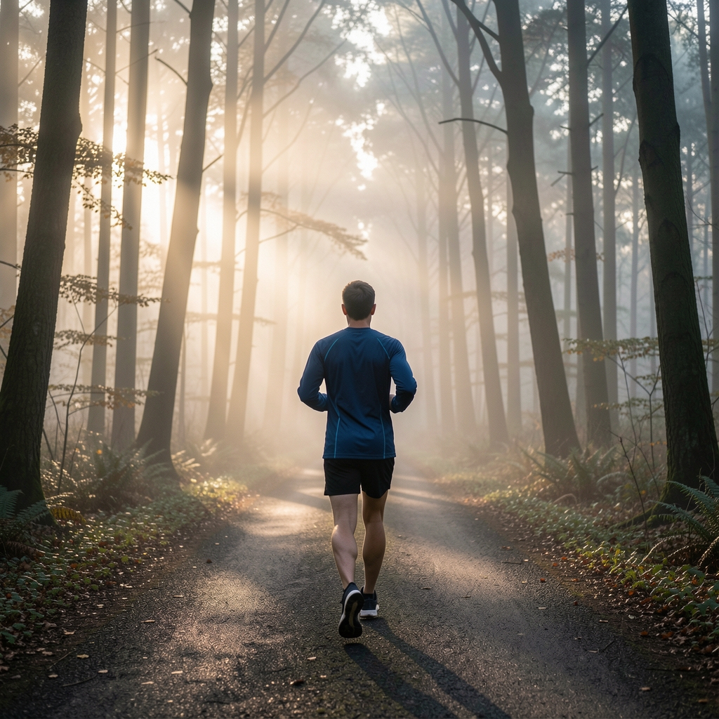 Jogger von hinten auf einem Waldweg im Morgengrauen, tiefe Perspektive, keine Gesichtserkennung, atmosphärisches Nebellicht zwischen Bäumen