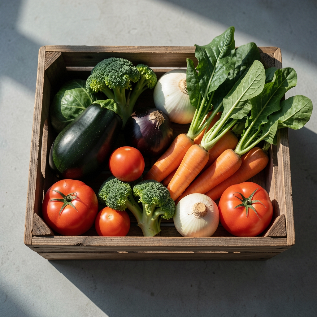 Frische saisonale Gemüse in einer rustikalen Holzkiste, Draufsicht im natürlichen Licht mit kühlen Schatten wie in einem wissenschaftlichen Katalog