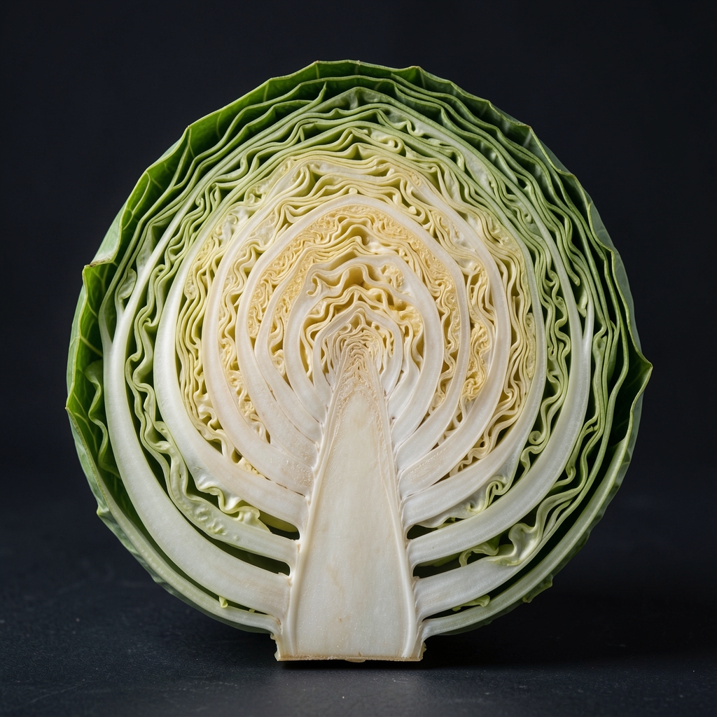 Nahaufnahme eines aufgeschnittenen Kohlkopfes mit sichtbarer Blattstruktur und geometrischen Querschnittsmuster auf dunklem Hintergrund